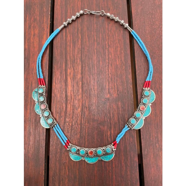 A$54.95 - TURQUOISE & CORAL TIBETAN NEPALESE TRIBAL STYLE BOHO NECKLACE - HAND MADE IN NEPAL 🇳🇵 0.25KG (1) ISLAND BUDDHA